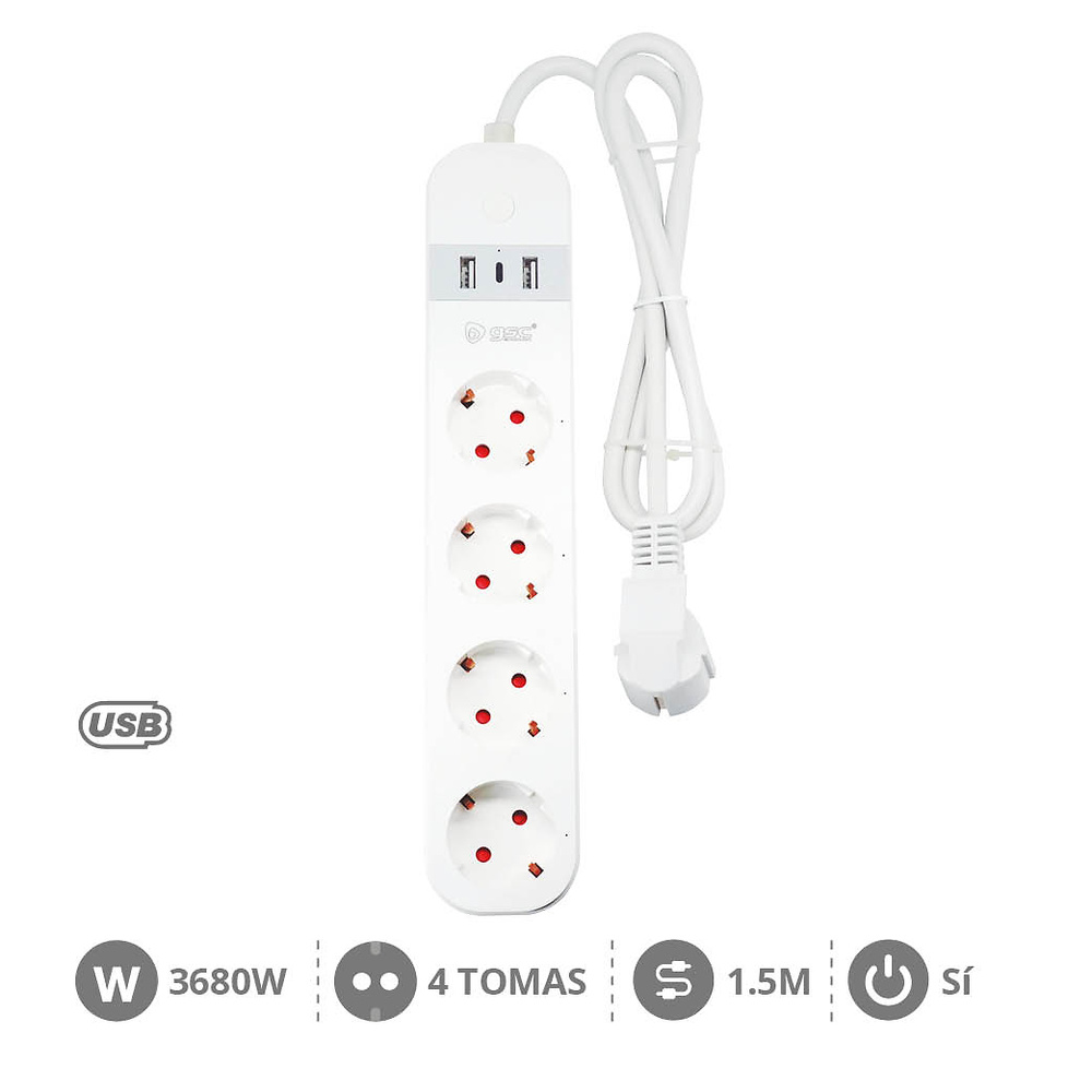 Base multiple inteligente via wifi o bluetooth 4T 2 USB tipo C 3x1.5mm 1,5M Base multiple inteligente via wifi o bluetooth 4T 2 USB tipo C 3x1.5mm 1,5M