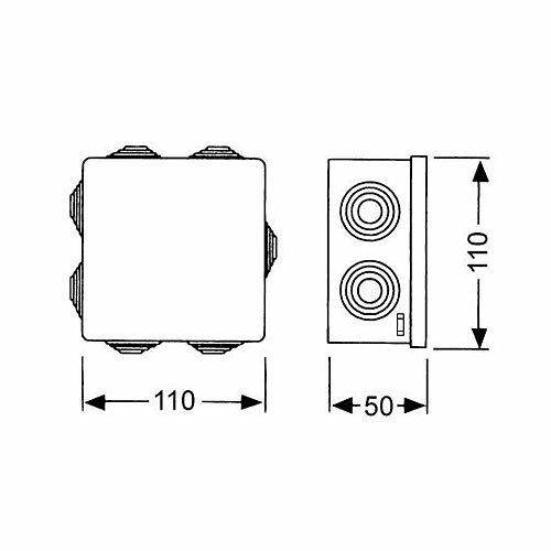 dimensiones-caja-estanca-solera-615 Caja de registro estanca con conos 100x100x45 IP55 Solera. 7 entradas para tubo ᴓ 25 mm (M25). Caja estanca para instalación en superficie