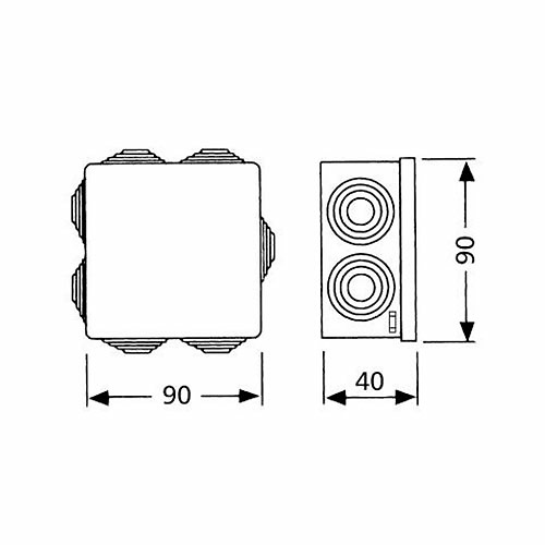 dimensiones-caja-estanca-solera-604 Cajas electricas de superficie estanca con conos 80x80x35 IP55 Solera. 7 entradas para tubo ᴓ 20 mm (M20). Caja estanca para instalación en superficie.