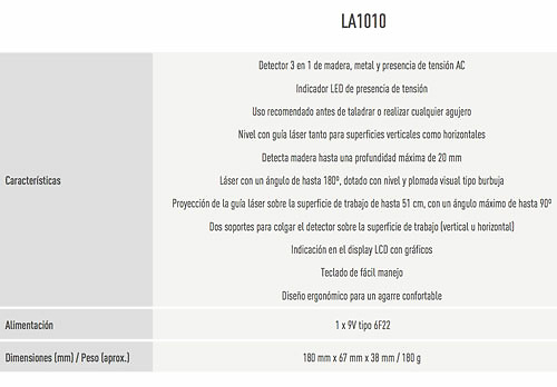 Detector de metales, madera y tensión LA1010 Kaise -1 Multi-detector de metales, cables, tensio?n y madera marca Kaise modelo LA1010 con nivel incorporado