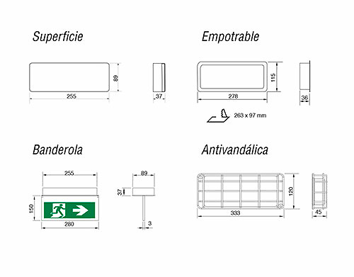 dimensiones luces de emergencia led 110 lm aer10-110 Luces de emergencia LED 110lm no permanente 1H serie 10 Aerlux