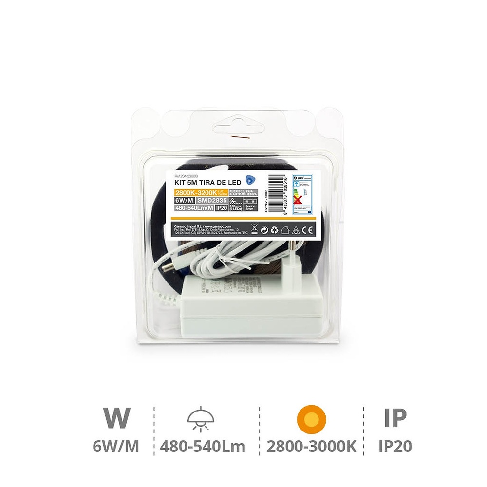 Kit 5M Tira de LED 6W/M IP20 2800K-3200K preparado Kit 5M Tira de LED 6W/M IP20 2800K-3200K preparado GSC