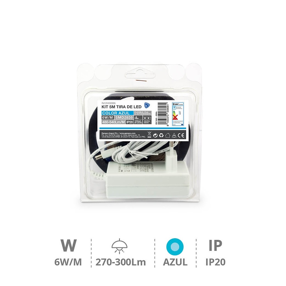 Kit 5M Tira de LED 6W/M IP20 Azul preparado Kit 5M Tira de LED 6W/M IP20 Azul preparado GSC