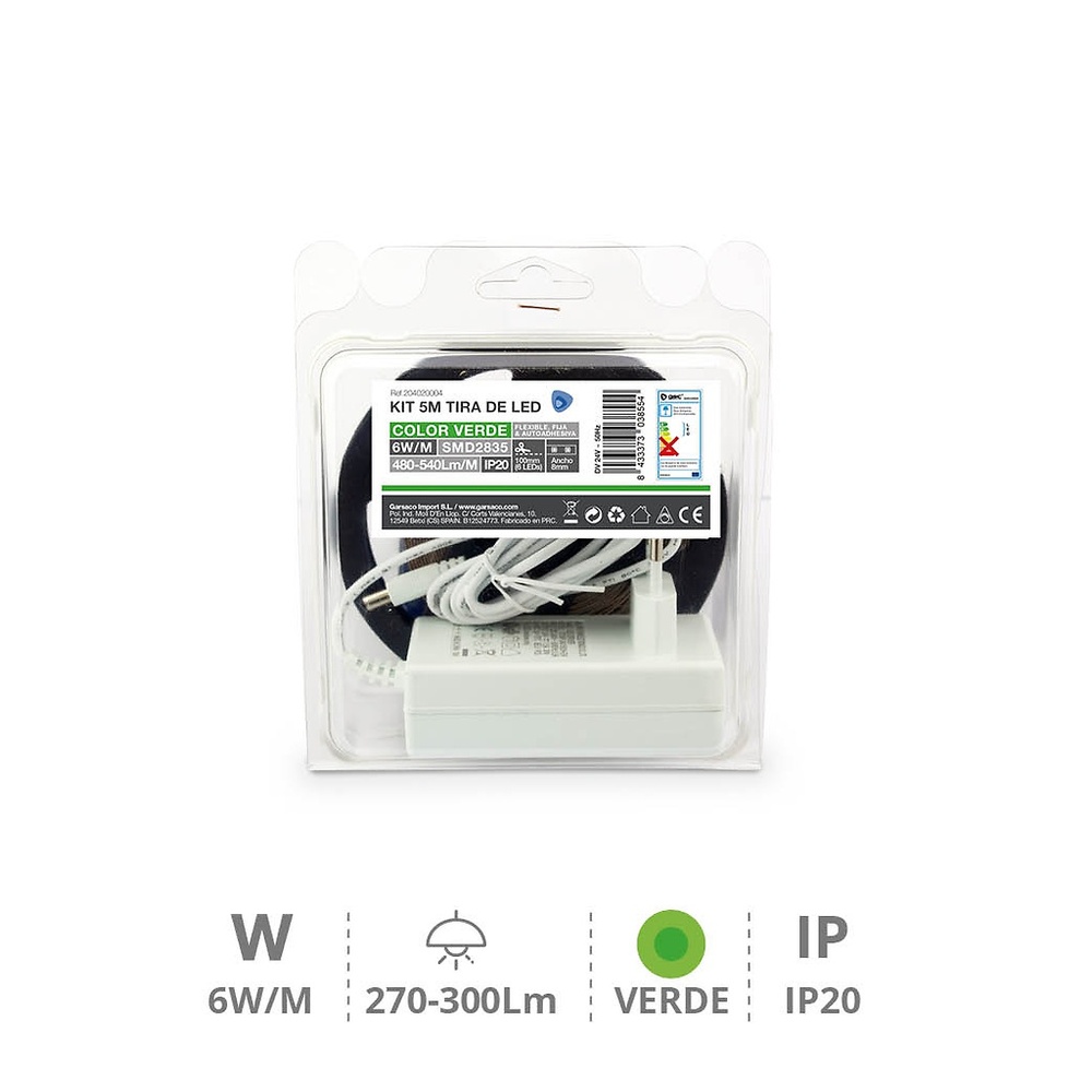 Kit 5M Tira de LED 6W/M IP20 Verde preparado Kit 5M Tira de LED 6W/M IP20 Verde preparado GSC