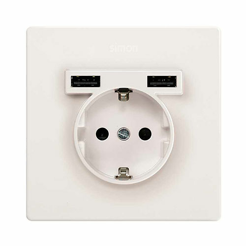 Kit Monoblock Schuko 2 cargadores USB Simon 270 Blanco Kit Monoblock Schuko + 2 cargadores USB 1 elemento Simon 270 Color Blanco