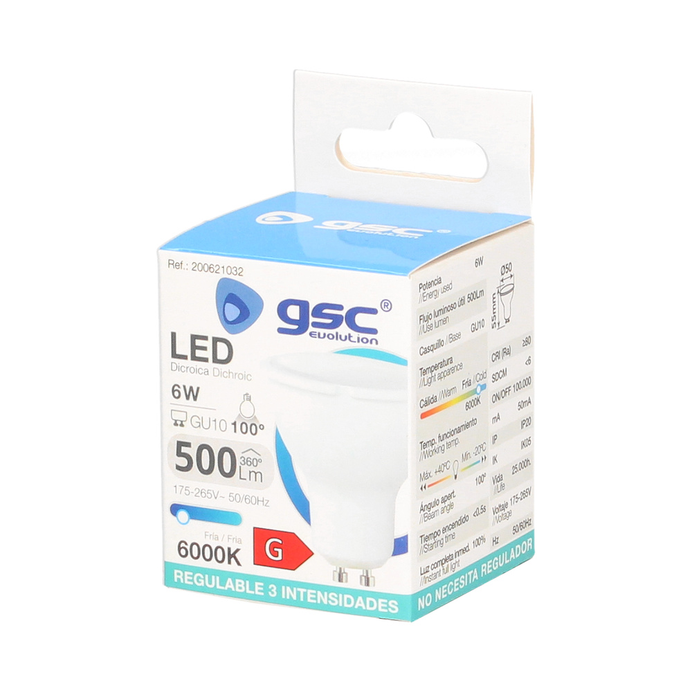 Lámpara LED dicroica 6W GU10 3000K regulable 