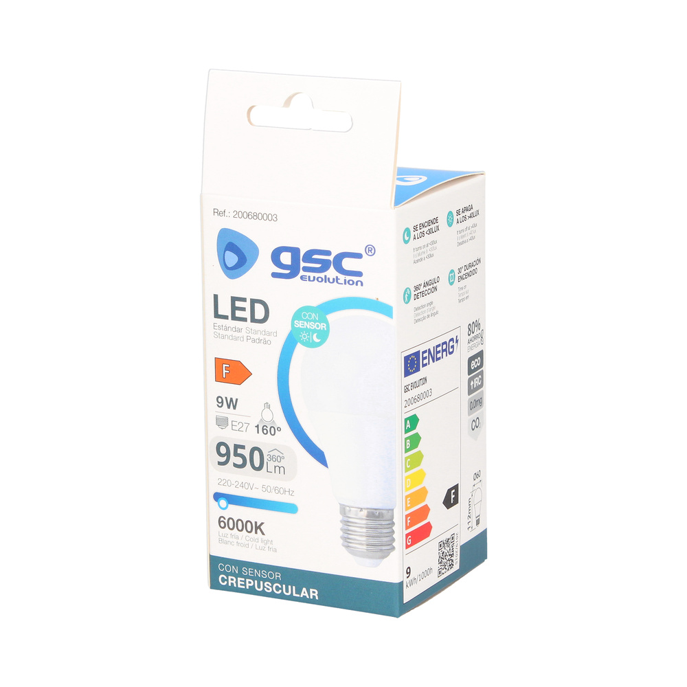 Lámpara LED estándar con sensor crepuscular 9W E27 3000K 