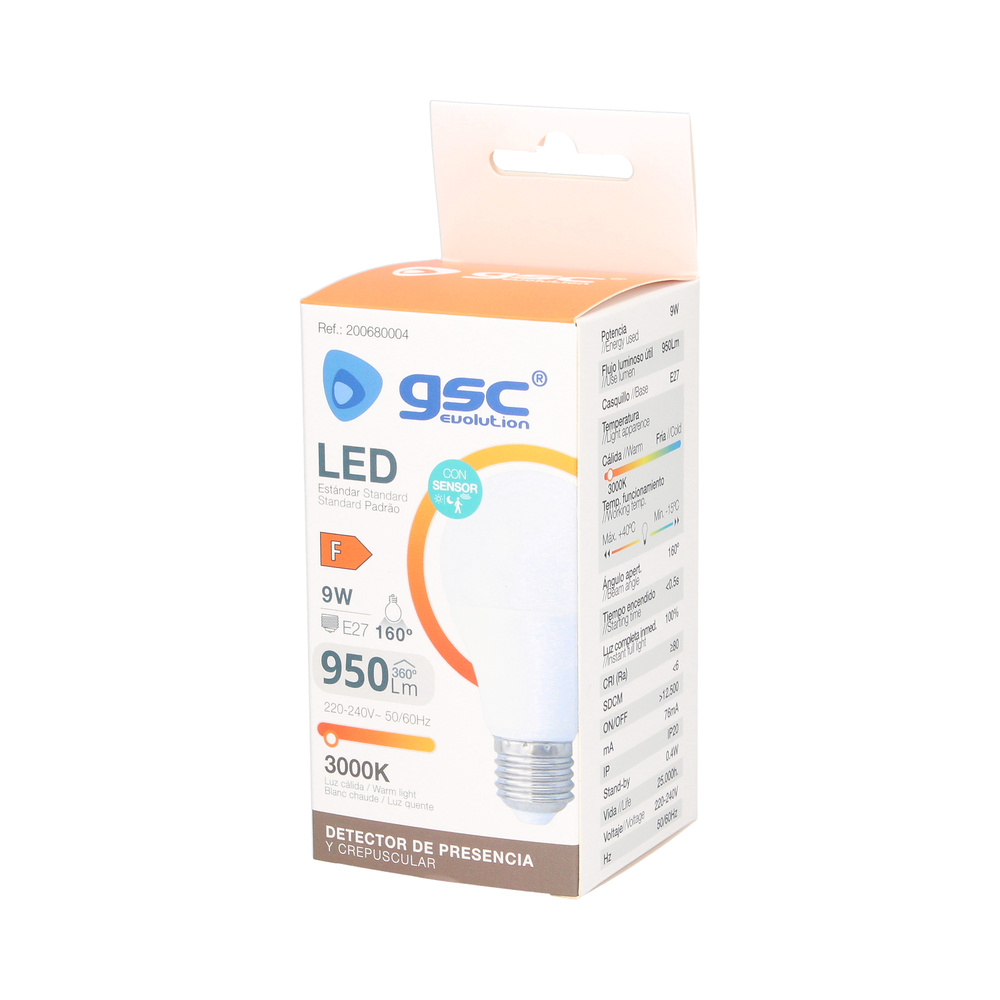 Lámpara LED estándar con sensor crepuscular 9W E27 6000K 