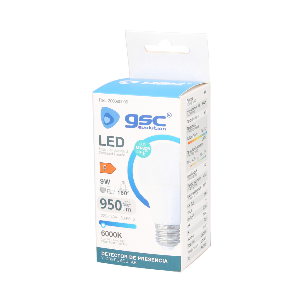 Lámpara LED estándar con sensor presencia + crepuscular 9W E27 3000K 