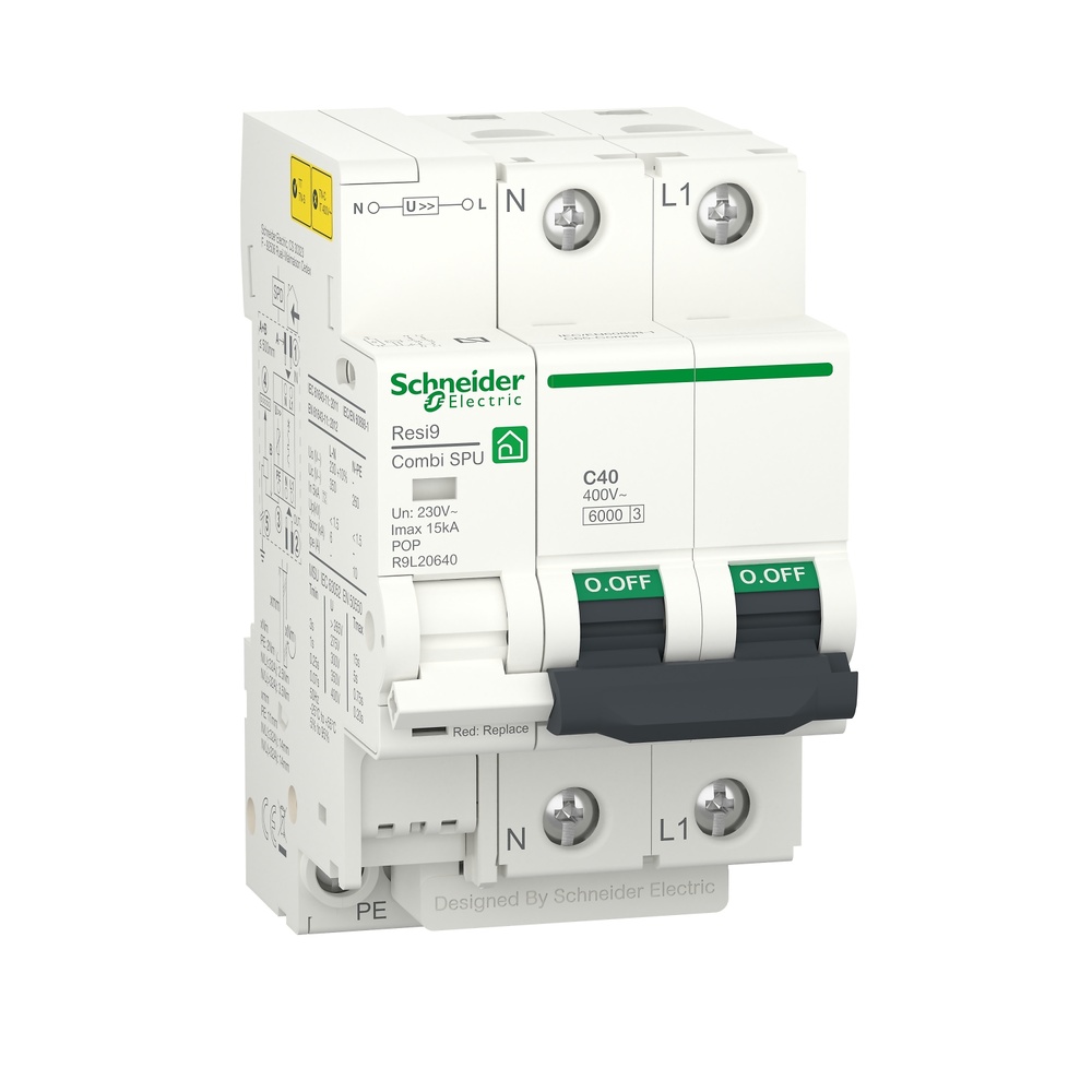 Limitador sobretensiones transitorias y permanentes IGA; Resi9 Combi; 1P+N; 16 A - D4R9L20616 Mercantil Eléctrico. Los Combi SPU Resi9 by Schneider Electric ofrecen una mayor protección integrada en el interruptor general contra sobrecargas y cortocircuitos, sobretensiones permanentes y transitorias tipo 2