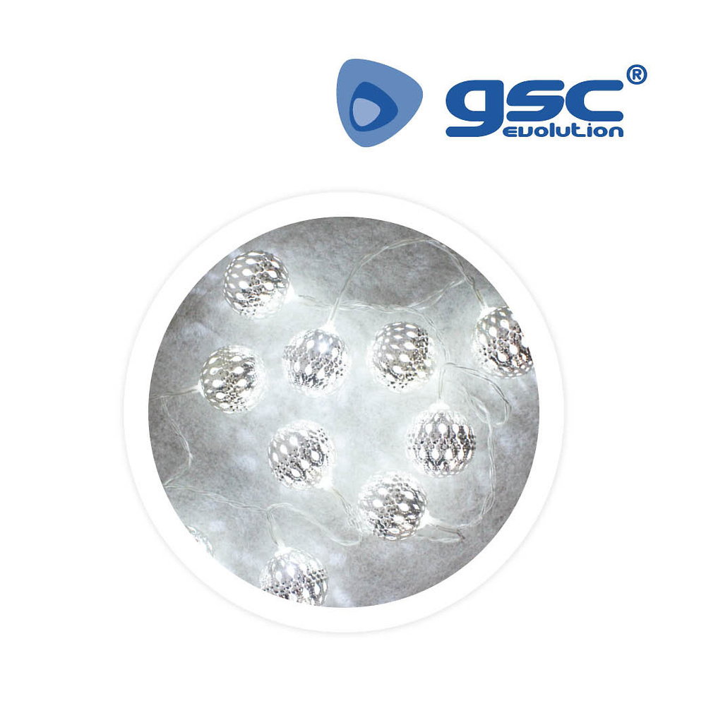 Garsaco Bolas plateadas 1M 2xAA 6000-10000K Garsaco Bolas de Navidad LED Funciona con 2 pilas AA (no incluidas). IP20. 1M 10 LEDs. Luz 6000-10000K